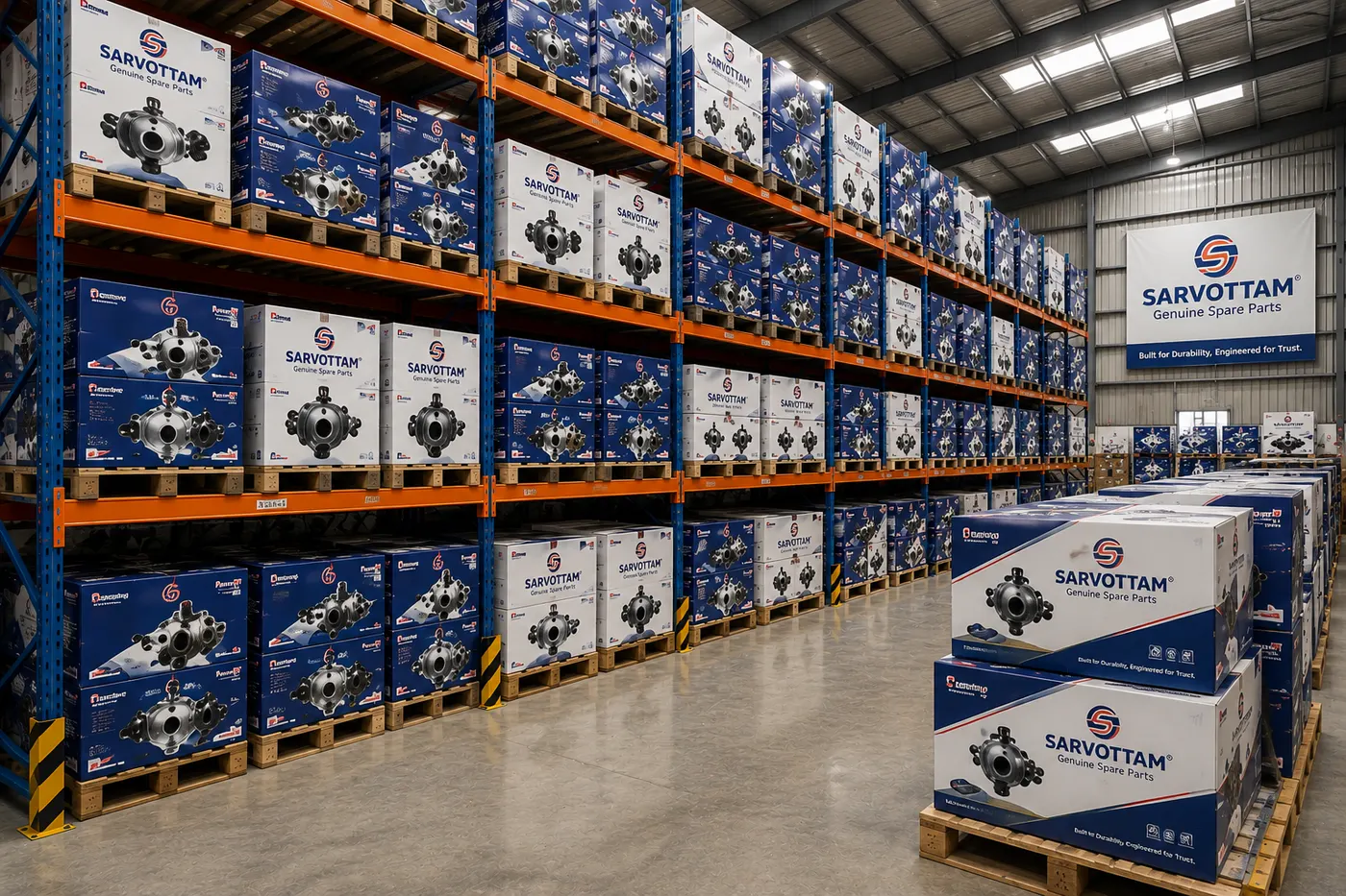 Packed pallets of Sarvottam spare parts awaiting dispatch
